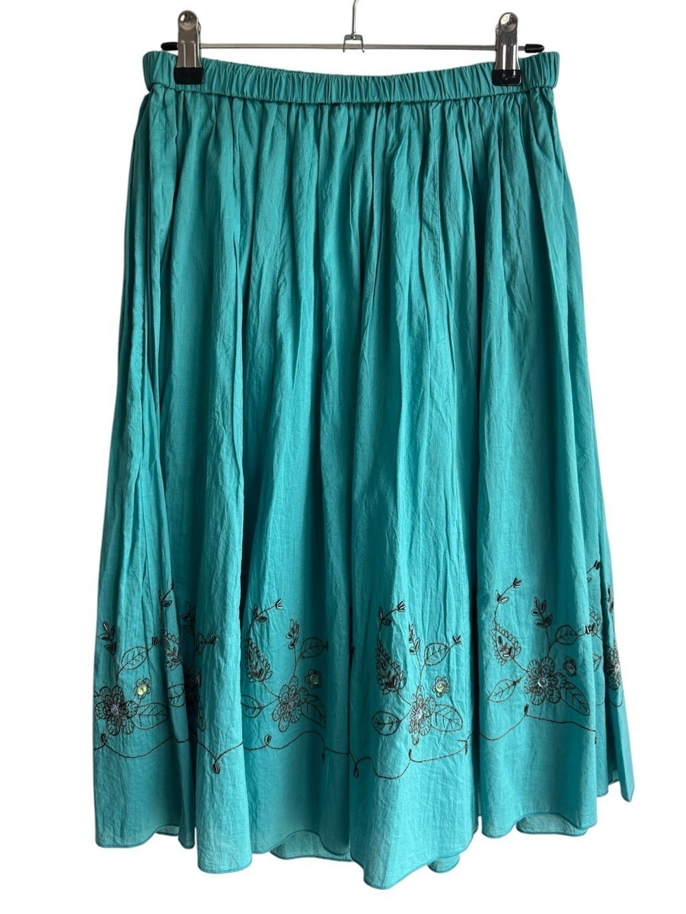 Y2K Cotton Below Knee Length Skirt Sz Small Teal Blue Embroidered Pull On Midi